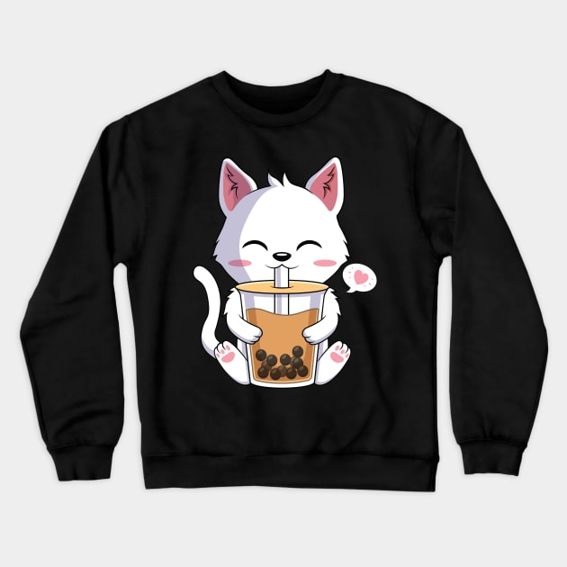 Kawaii Cat Drinking Boba Tea Japanese Anime Crewneck Sweatshirt by HCMGift